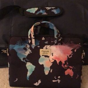 Modish world map laptop bag with detachable shoulder strap and handles.